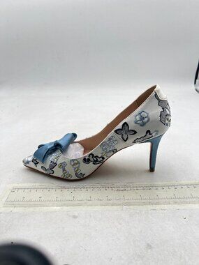 XYD Blue Bloom Embroidery High Heels Bridal Bowknot Elegant Pointed Toe Pumps